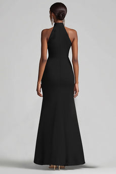 Halter Neck Ruffles Mermaid Black Tie Dress with Slit