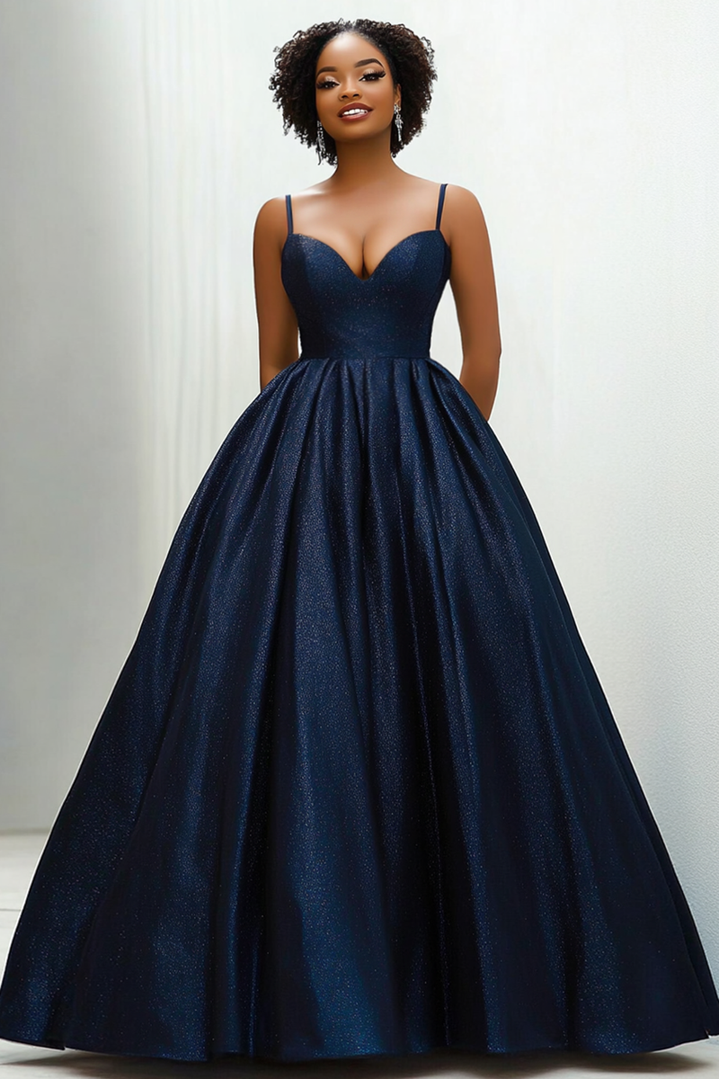 Load image into Gallery viewer, Sweetheart Navy Spaghetti Straps Long Satin Ball Gown with Side Invisible Pockets