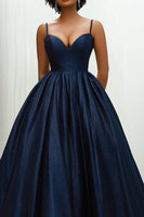 Load image into Gallery viewer, Sweetheart Navy Spaghetti Straps Long Satin Ball Gown with Side Invisible Pockets