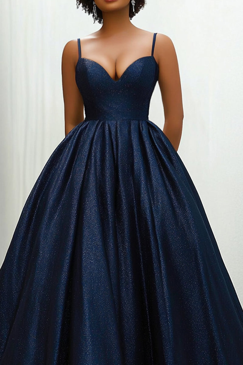 Load image into Gallery viewer, Sweetheart Navy Spaghetti Straps Long Satin Ball Gown with Side Invisible Pockets
