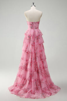 Blush Floral Printed Princess Tiered Long Prom Dress
