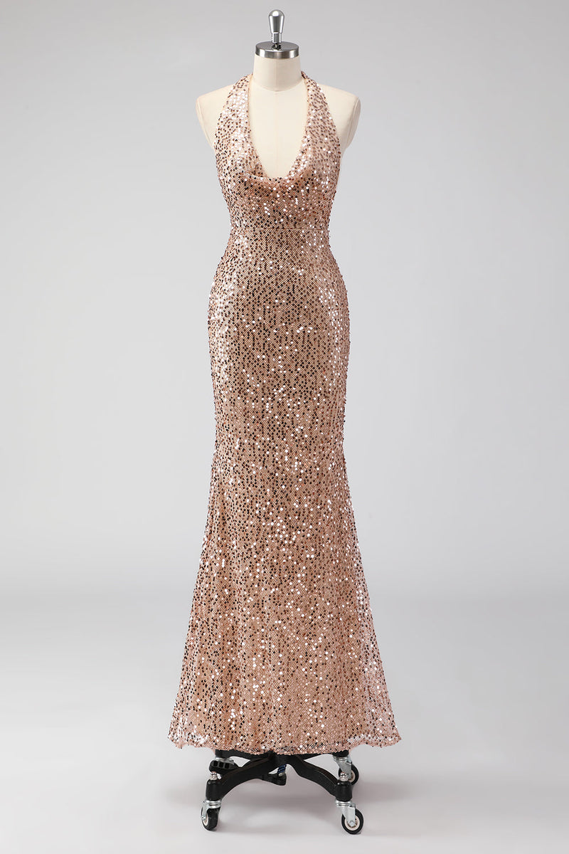 Load image into Gallery viewer, Glitter Champagne Mermaid Halter Sequin Long Prom Dress