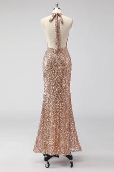 Glitter Champagne Mermaid Halter Sequin Long Prom Dress
