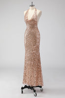 Load image into Gallery viewer, Glitter Champagne Mermaid Halter Sequin Long Prom Dress
