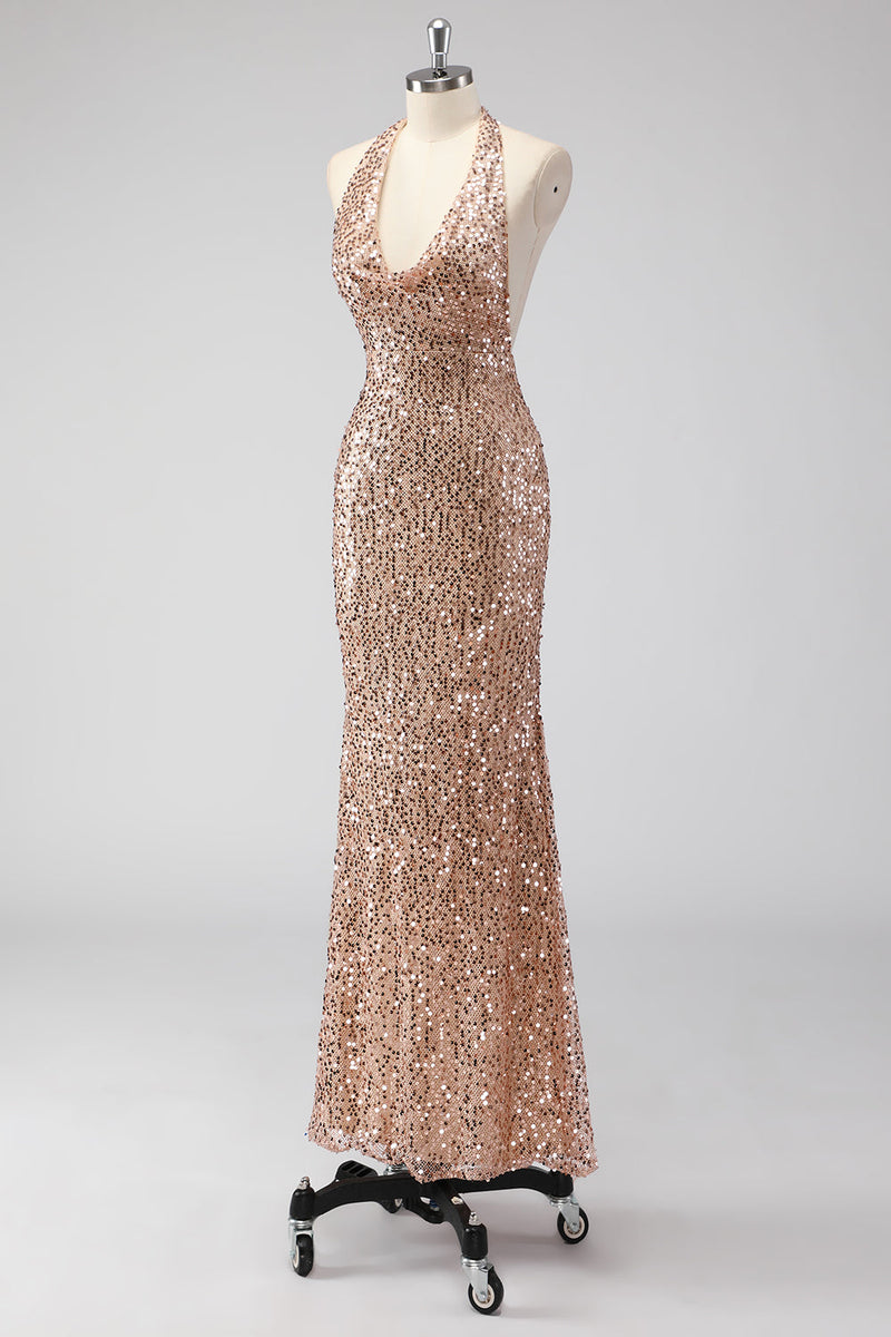 Load image into Gallery viewer, Glitter Champagne Mermaid Halter Sequin Long Prom Dress