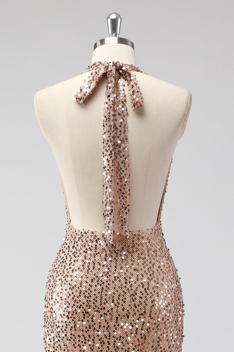 Load image into Gallery viewer, Glitter Champagne Mermaid Halter Sequin Long Prom Dress