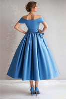 Load image into Gallery viewer, Blue Off the Shoulder A-Line Satin Tea Length Mother Of The Bride Dress with Bow