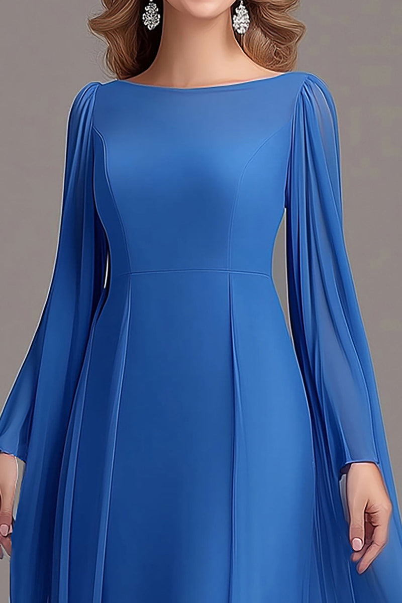 Load image into Gallery viewer, Blue Tulle Long Sleeves A Line Boat Neck Mother Of the Bride Dress