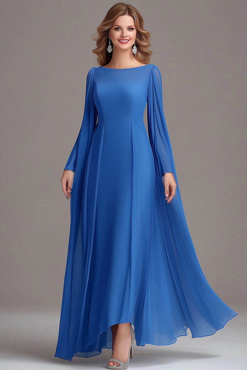 Load image into Gallery viewer, Blue Tulle Long Sleeves A Line Boat Neck Mother Of the Bride Dress