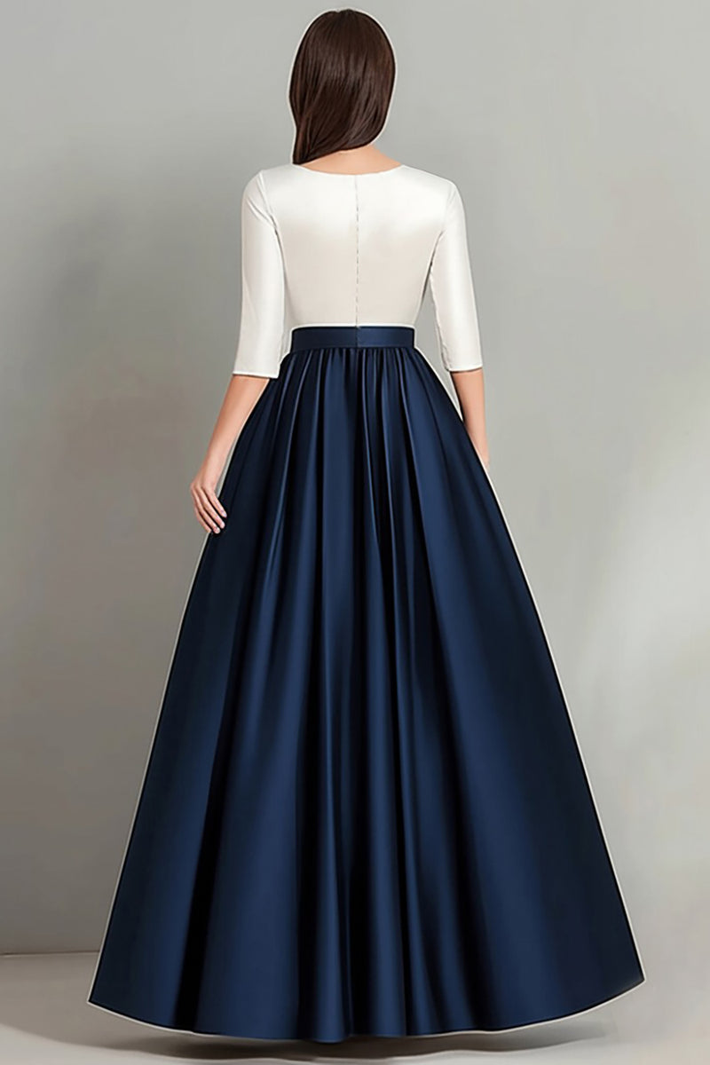 Load image into Gallery viewer, White Navy A Line Half Sleeves Ruched Mother Of the Bride Dress