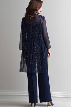 Navy Two Piece Jumpsuit Sequins Lace Chiffon Mother of the Bride Dress