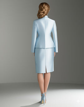 Blue Satin V-Neck Long Sleeves 2 pieces Mother Of The Bride Dress