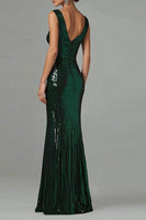 Load image into Gallery viewer, Dark Green Mermaid V-Neck Sequins Pleated Formal Dress