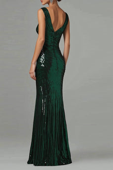 Dark Green Mermaid V-Neck Sequins Pleated Formal Dress