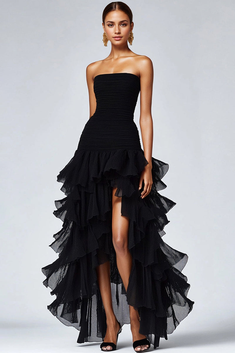 Hellymoon Women Black Tie Dress With Slit Strapless Tulle Tiered Ruffles Formal Dress hellymoonuk Hellymoon Women Black Tie Dress With Slit Strapless Tulle Tiered Ruffles Formal Dress hellymoonuk