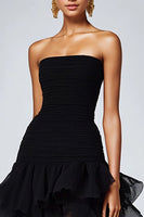 Load image into Gallery viewer, Black Strapless Tulle Tiered Ruffles Formal Dress