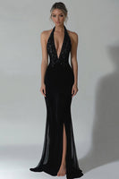 Load image into Gallery viewer, Black Halter Mermaid Formal Dress with Slit