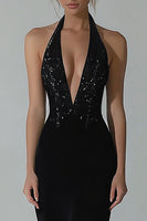 Load image into Gallery viewer, Black Halter Mermaid Formal Dress with Slit