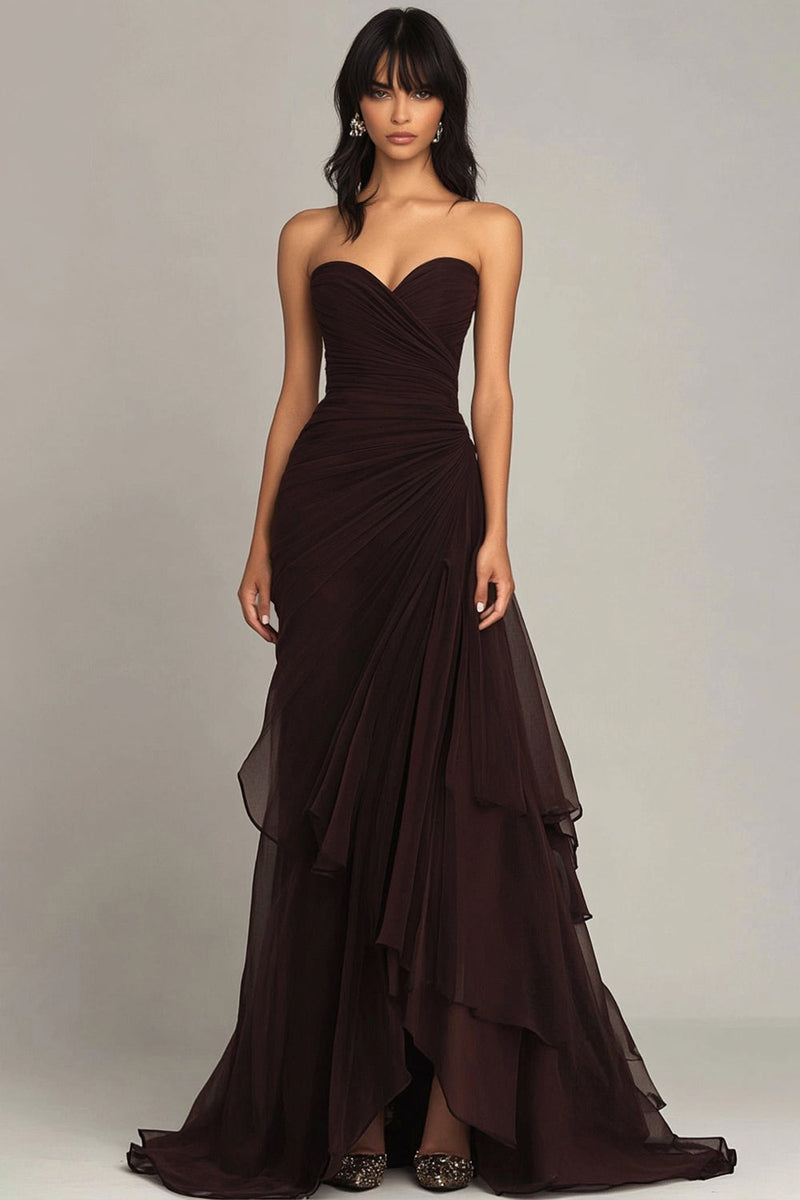 HELLYMOON Women Dark Brown Sweetheart Ruffled Formal Dress Ruched Strapless Mermaid Evening Dress – hellymoonuk