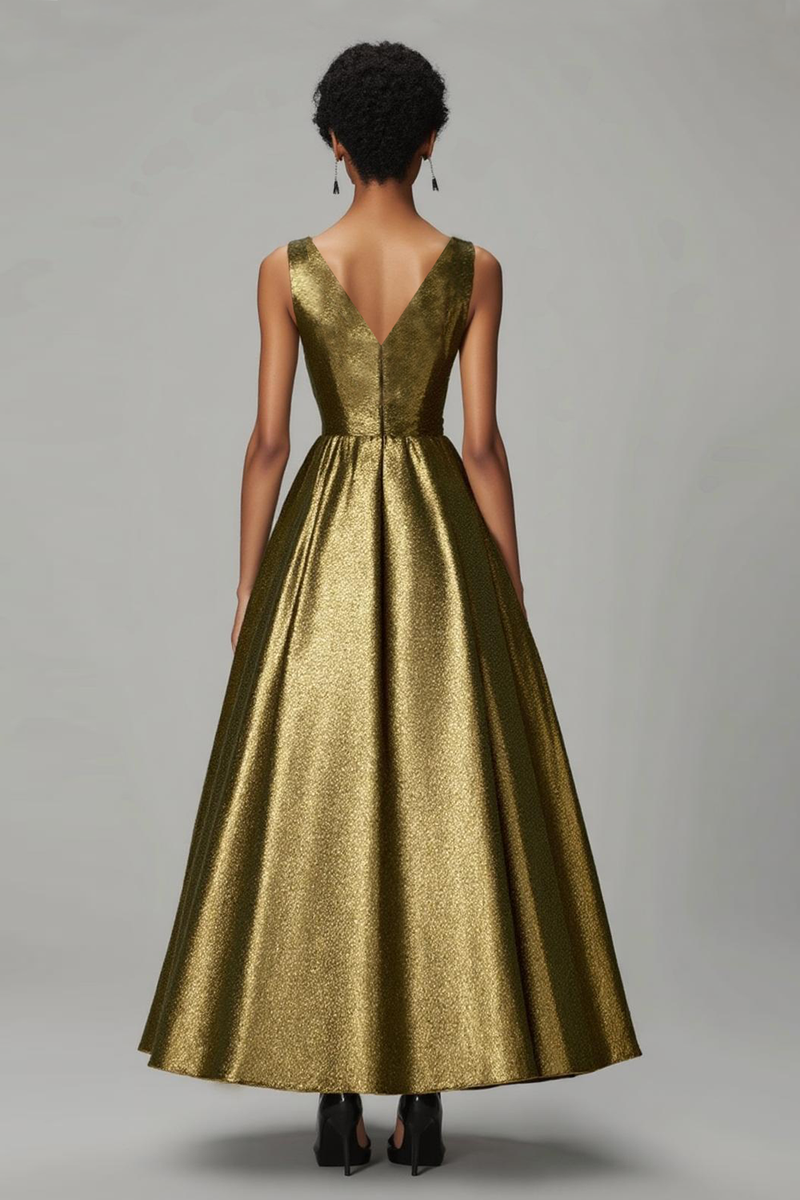 Load image into Gallery viewer, Sparkly Dark Gold A-Line V Neck Ruched Ankle Length Formal Dress