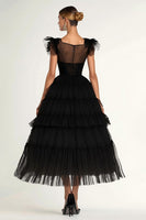 Load image into Gallery viewer, Black A-Line Flatter Sleeves Ruffles Tulle Tea Length Formal Dress