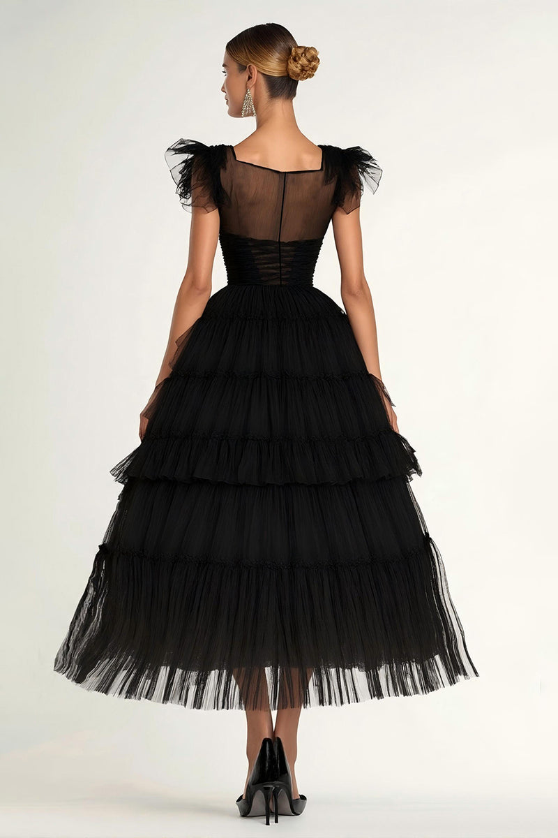 Load image into Gallery viewer, Black A-Line Flatter Sleeves Ruffles Tulle Tea Length Formal Dress