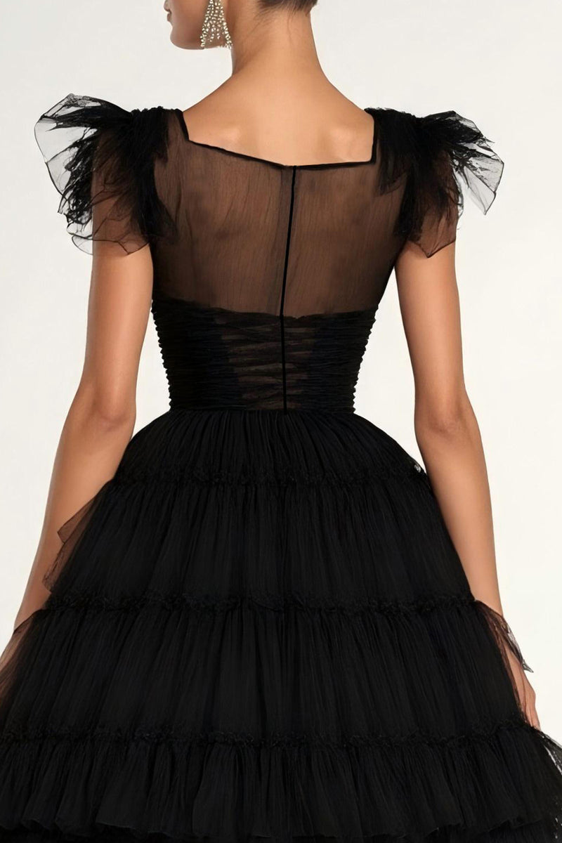 Load image into Gallery viewer, Black A-Line Flatter Sleeves Ruffles Tulle Tea Length Formal Dress