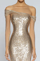 Load image into Gallery viewer, Sparkly Champagne Mermaid Off the Shoulder Sequins Long Formal Dress