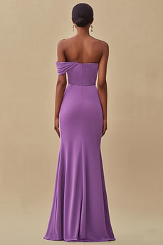 Off Shoulder Purple Mermaid Long Formal Dress with Slit