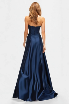 Beaded Navy Blue A Line Sweetheart Satin Sparkly Formal Dress with Slit