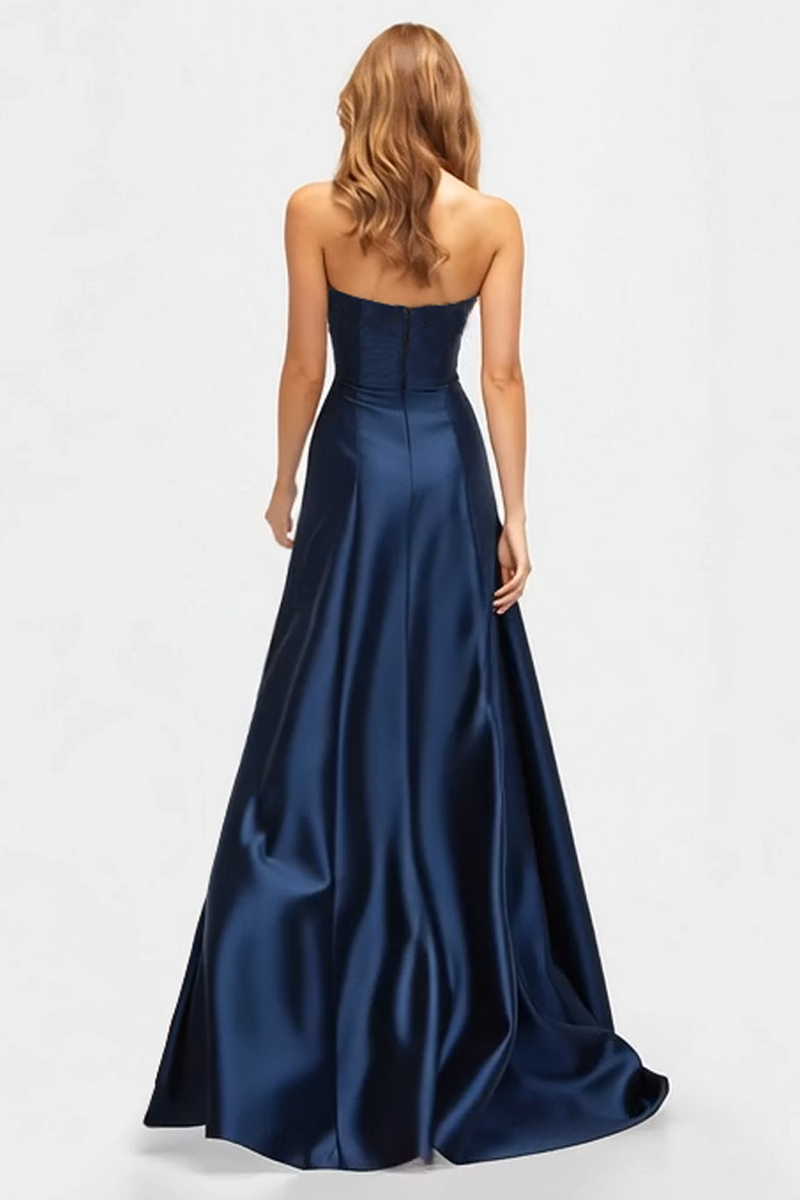 Load image into Gallery viewer, Beaded Navy Blue A Line Sweetheart Satin Sparkly Formal Dress with Slit