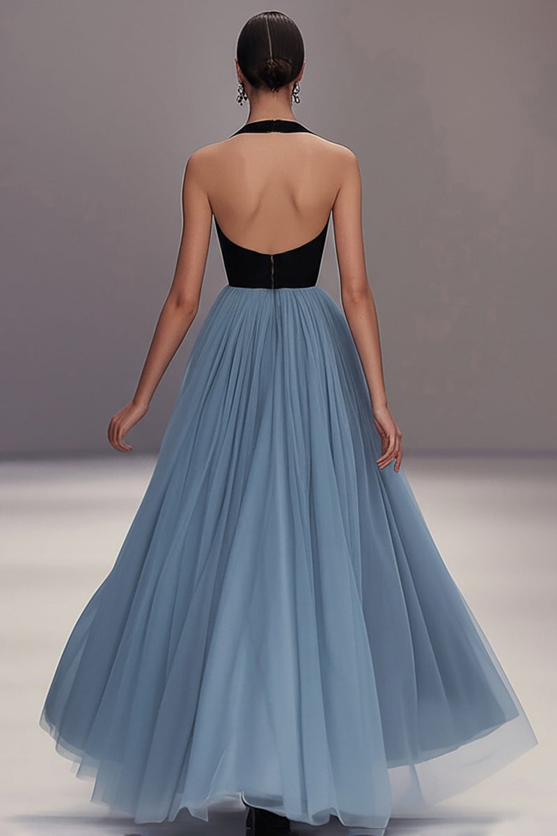Load image into Gallery viewer, V Neck Black Blue Pleated Tulle Long Formal Dress