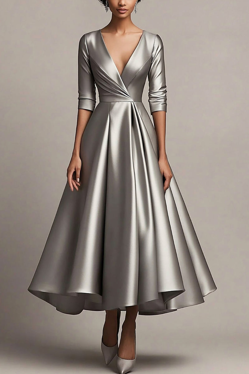 Load image into Gallery viewer, V-Neck A Line Satin Grey Sleeves Calf Length Mother Dress