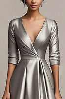 Load image into Gallery viewer, V-Neck A Line Satin Grey Sleeves Calf Length Mother Dress