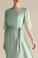 Load image into Gallery viewer, Light Green Chiffon Boat Neck A Line 3/4 Sleeves Calf Length Mother Dress