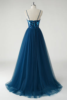 Sparkly A Line Dark Blue Mirror Long Prom Dress