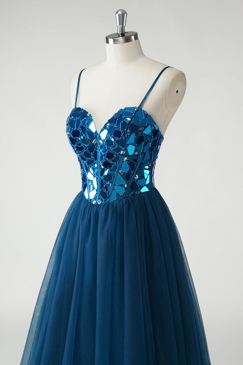 Load image into Gallery viewer, Sparkly A Line Dark Blue Mirror Long Prom Dress