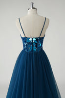 Load image into Gallery viewer, Sparkly A Line Dark Blue Mirror Long Prom Dress