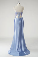 Load image into Gallery viewer, Sparkly Floral Blue Mermaid Satin Long Prom Dress with Slit