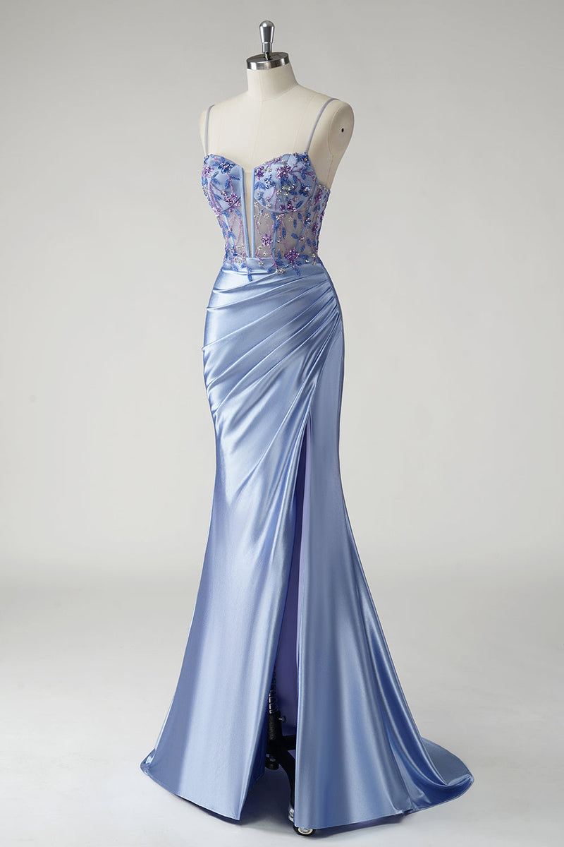 Load image into Gallery viewer, Sparkly Floral Blue Mermaid Satin Long Prom Dress with Slit