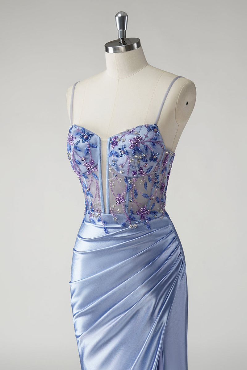 Load image into Gallery viewer, Sparkly Floral Blue Mermaid Satin Long Prom Dress with Slit