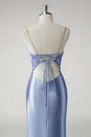 Load image into Gallery viewer, Sparkly Floral Blue Mermaid Satin Long Prom Dress with Slit