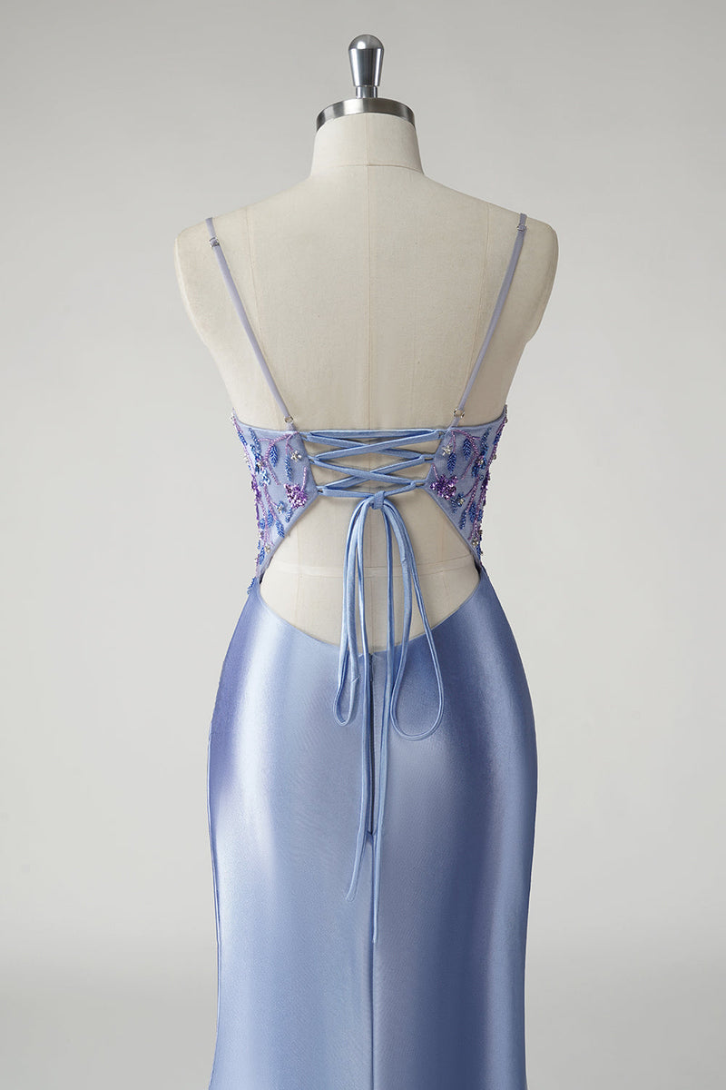 Load image into Gallery viewer, Sparkly Floral Blue Mermaid Satin Long Prom Dress with Slit