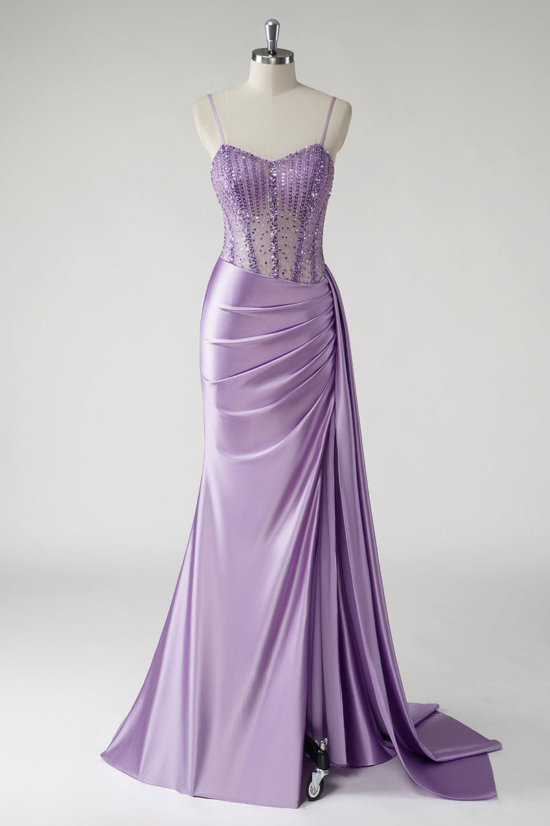 Load image into Gallery viewer, Sparkly Purple Corset Satin Long Prom Dress with Slit