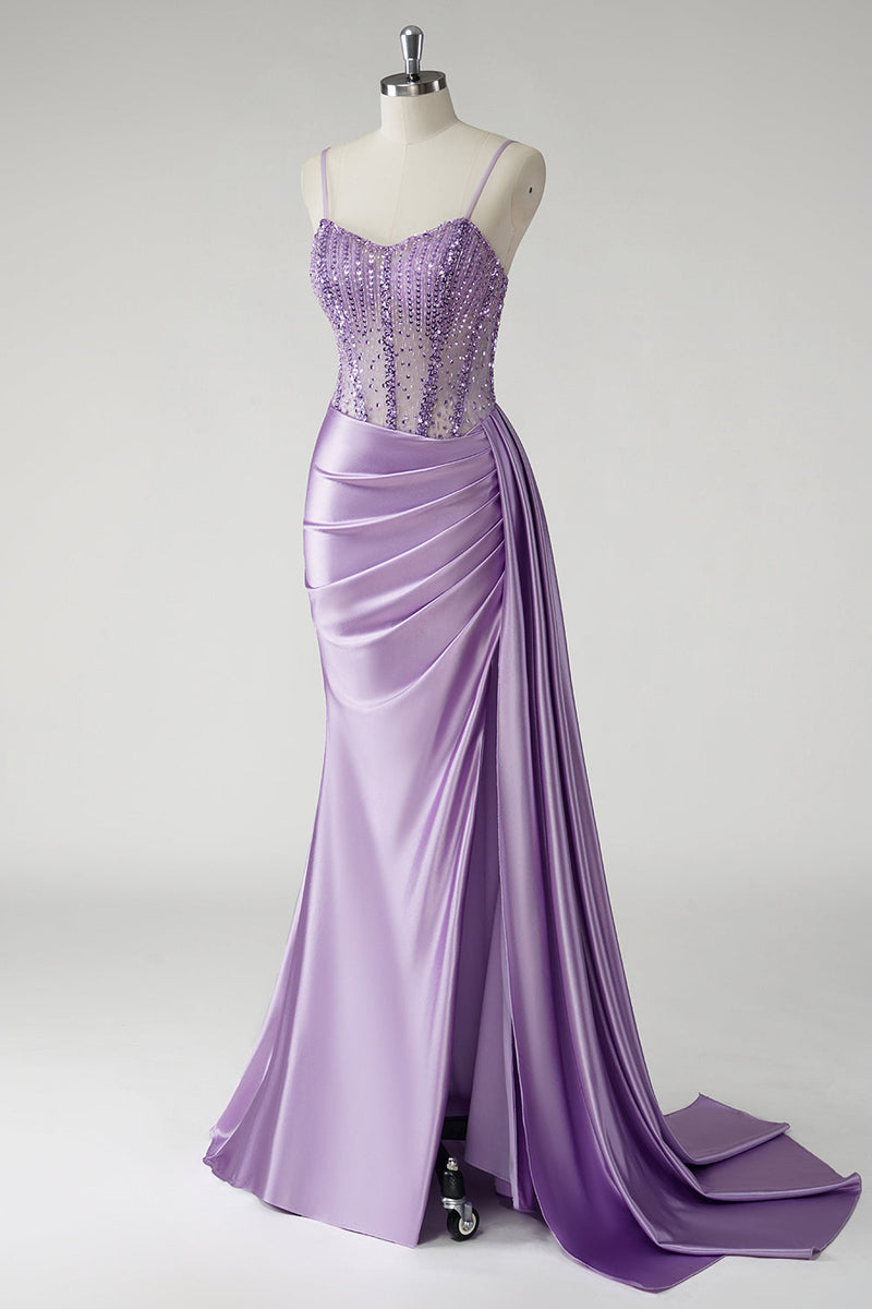 Load image into Gallery viewer, Sparkly Purple Corset Satin Long Prom Dress with Slit