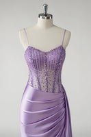 Load image into Gallery viewer, Sparkly Purple Corset Satin Long Prom Dress with Slit