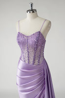 Load image into Gallery viewer, Sparkly Purple Corset Satin Long Prom Dress with Slit