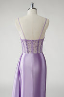 Load image into Gallery viewer, Sparkly Purple Corset Satin Long Prom Dress with Slit