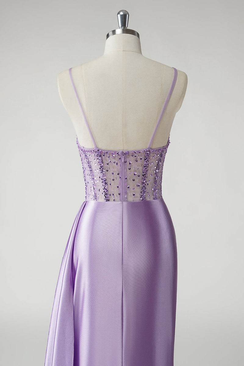 Load image into Gallery viewer, Sparkly Purple Corset Satin Long Prom Dress with Slit