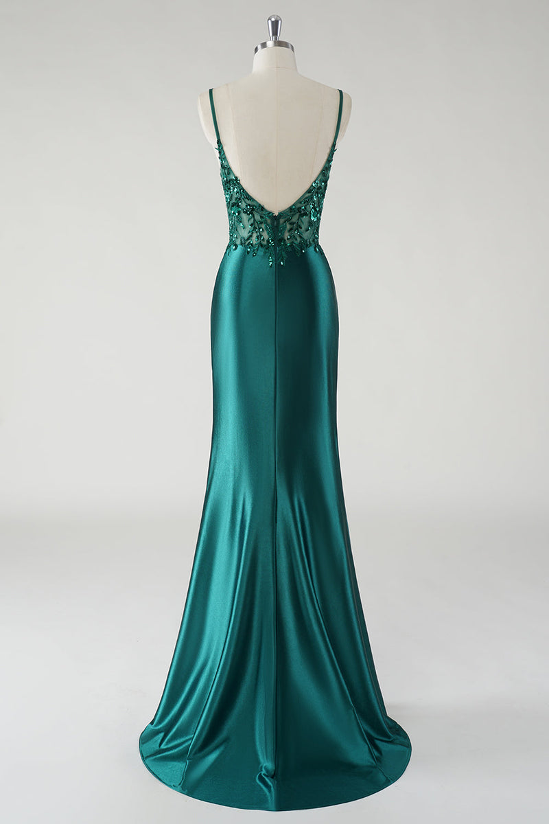 Load image into Gallery viewer, Sparkly Spaghetti Straps Dark Green Mermaid Prom Dress with Slit